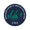 Navy circle with green mountain scene, reading "Boulder County Employees Union CWA"