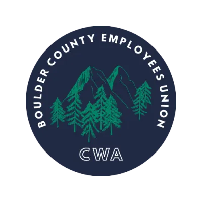 Navy circle with green mountain scene, reading "Boulder County Employees Union CWA"