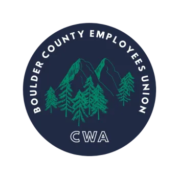 Boulder County Employees Union CWA on a navy badge with green mountains and trees